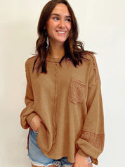 Women's Casual Waffle Patchwork Crewneck Sweatshirt