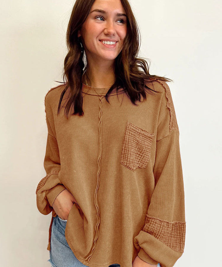 Women's Casual Waffle Patchwork Crewneck Sweatshirt
