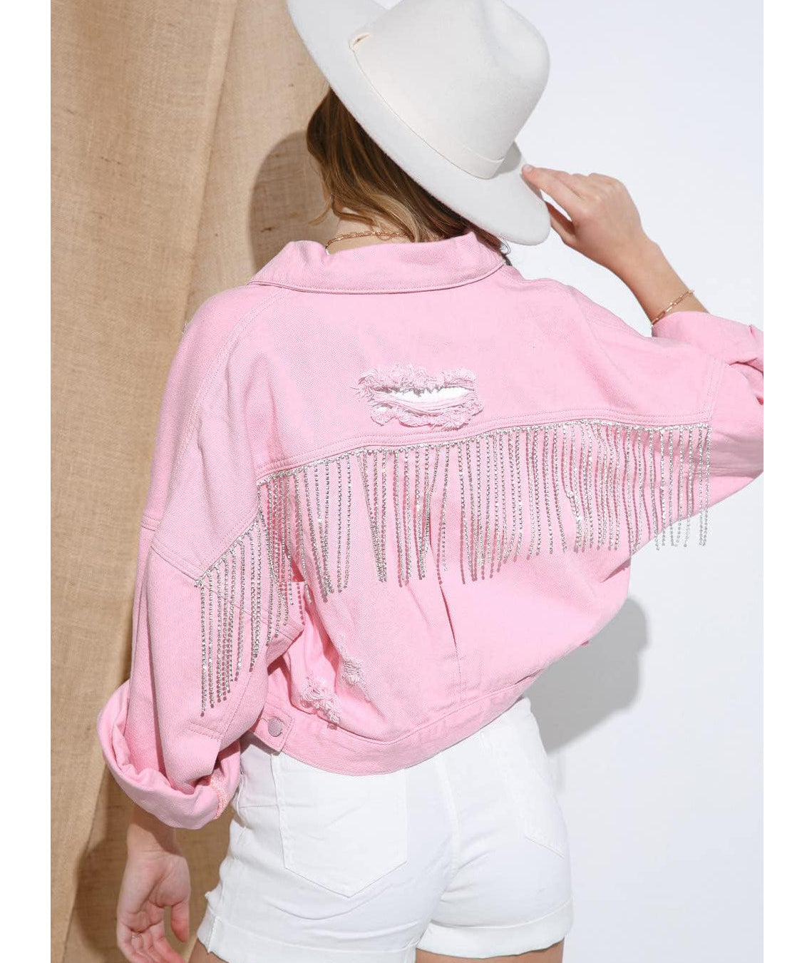 Women's Shiny Rhinestone Fringe Denim Cropped Jacket