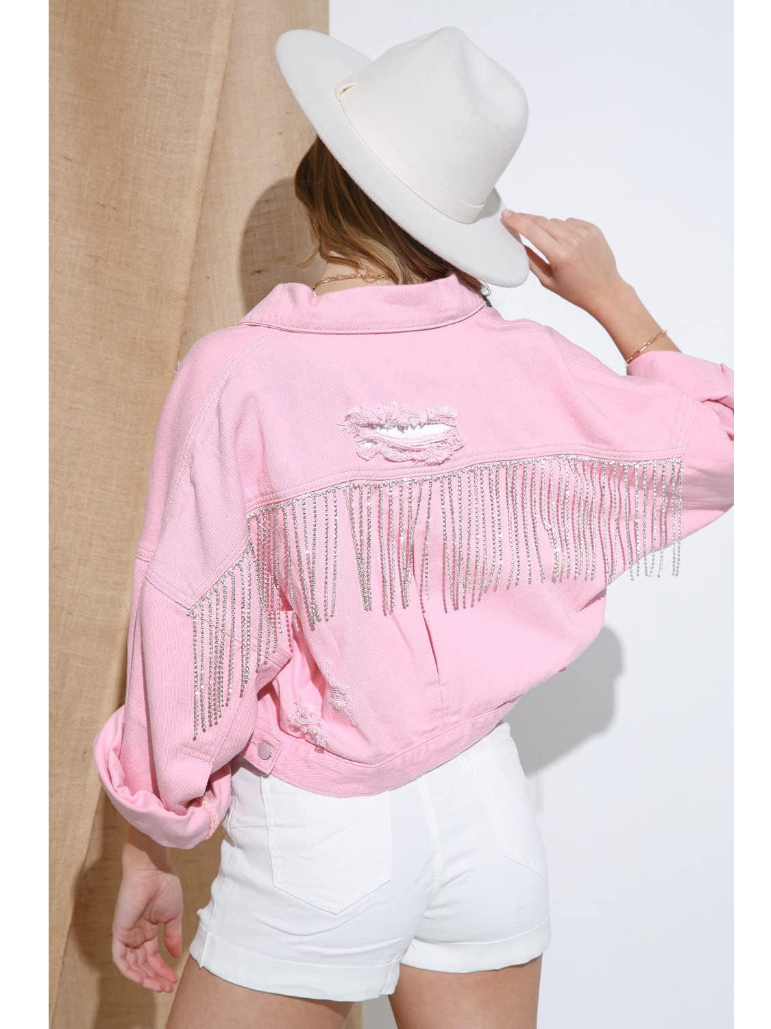 Women's Shiny Rhinestone Fringe Denim Cropped Jacket