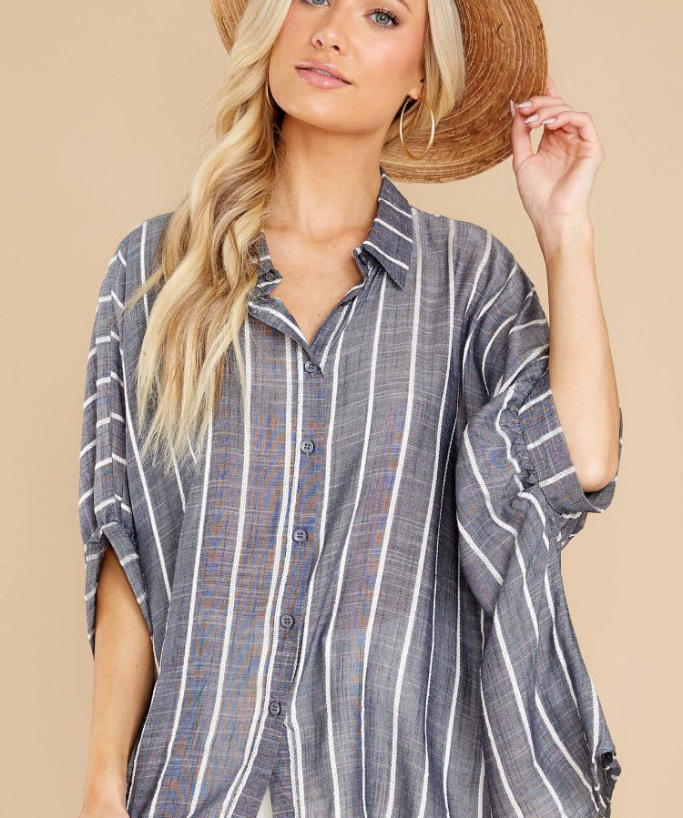 Linen Striped Short Sleeve Button-Up Shirt