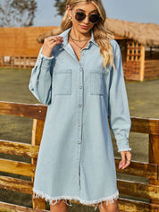Women's Classic Button Up Raw Hem Denim Shirt Dress