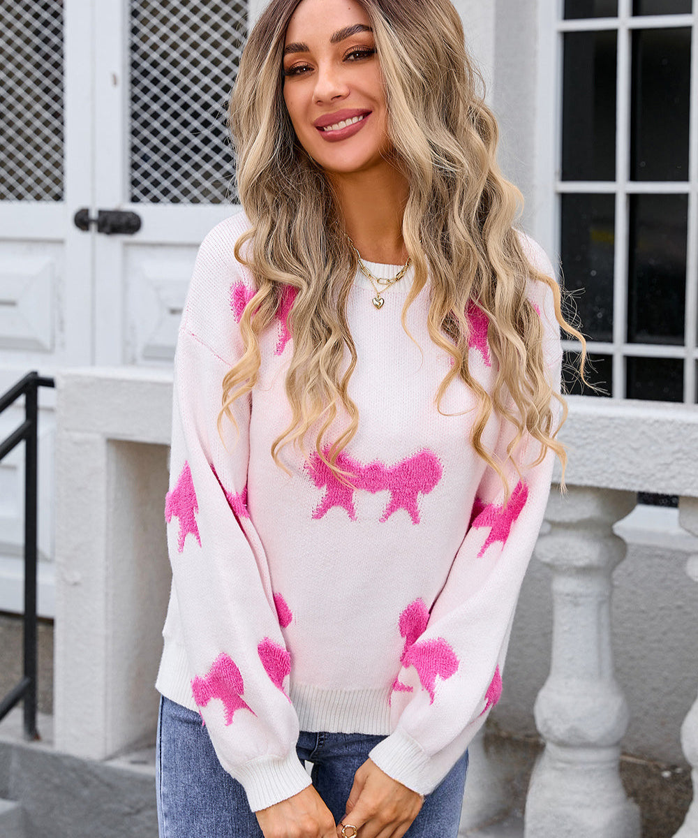Women's Bow Graphic Round Neck Sweater