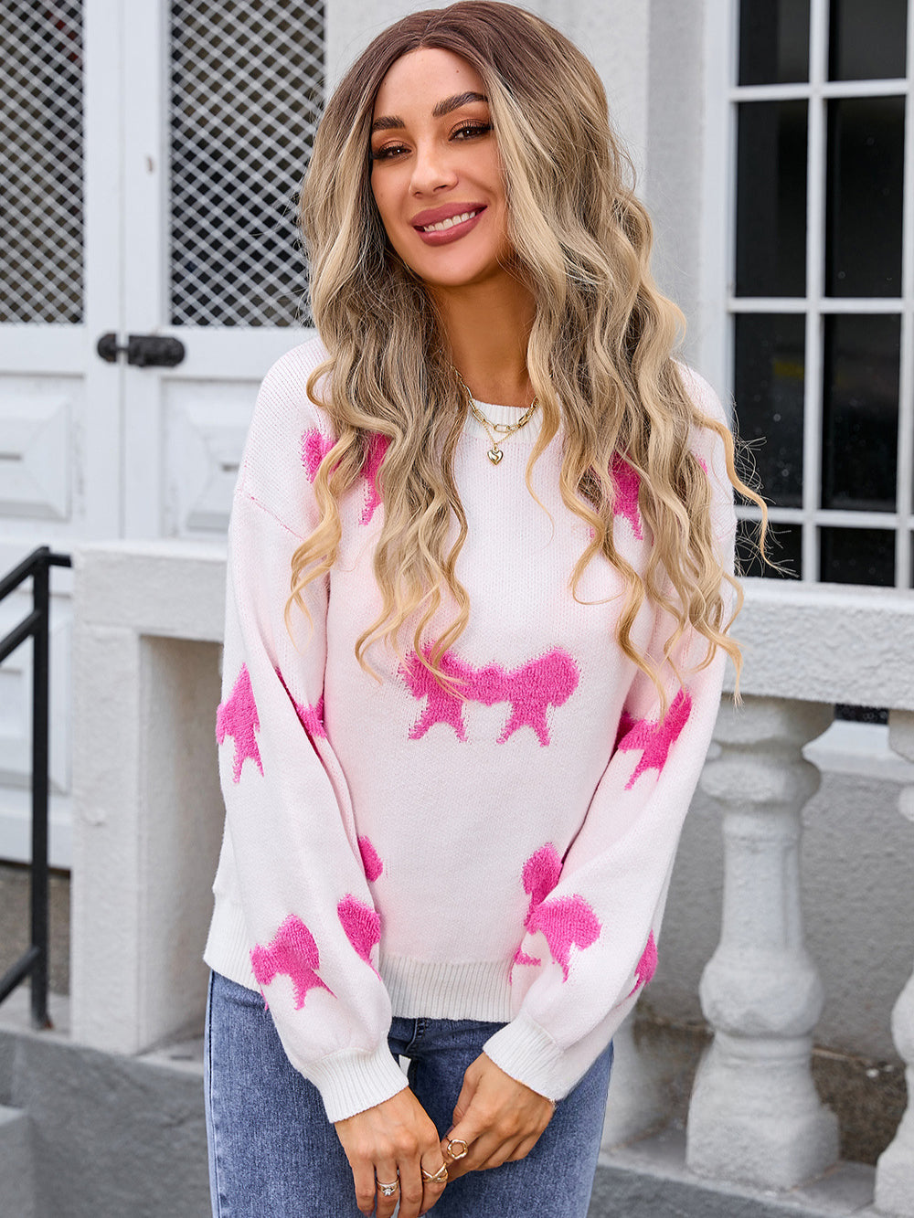 Women's Bow Graphic Round Neck Sweater