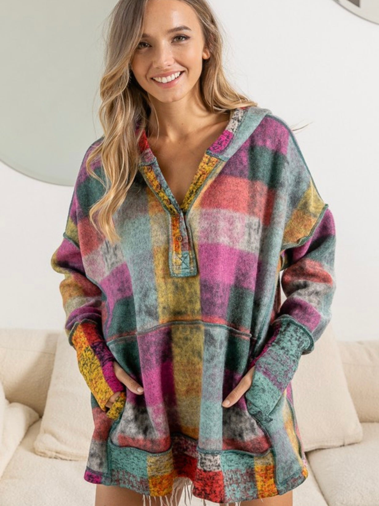 Women's Retro Beth Plaid Reverse Fleece Hoodie