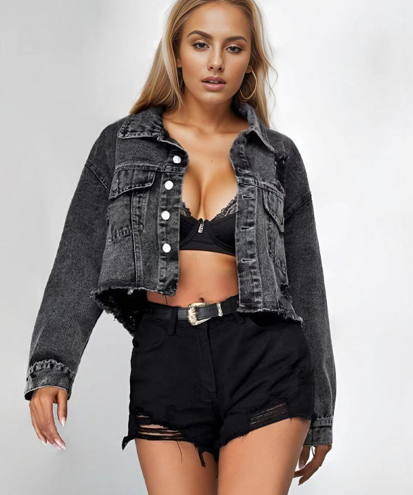 Women's Distressed Cropped Lapel Jacket