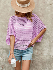 Solid Round Neck Eyelet Knit Cutout Sweater