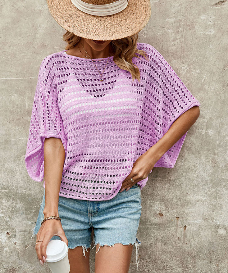 Solid Round Neck Eyelet Knit Cutout Sweater