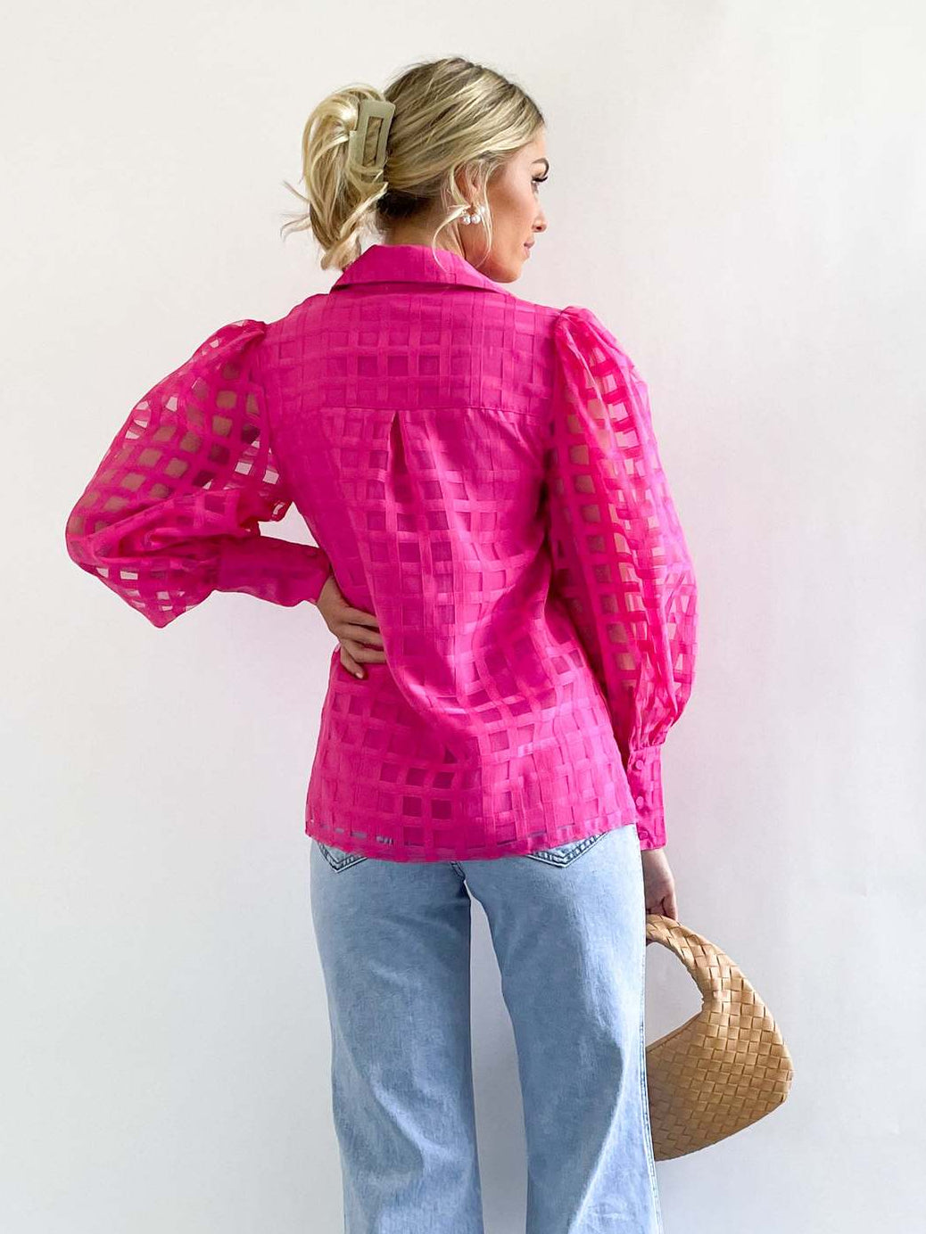 Check Textured Organza Collar Puff Sleeve Shirt