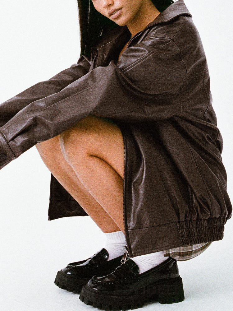 Women's Loose Zip Up Faux Leather Bomber Jacket