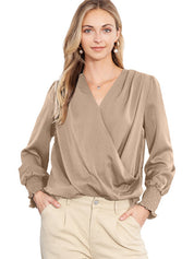 Solid Surplice Neck Shirred Cuffs Draped Blouse