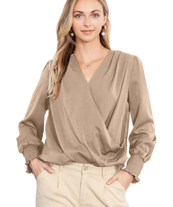 Solid Surplice Neck Shirred Cuffs Draped Blouse