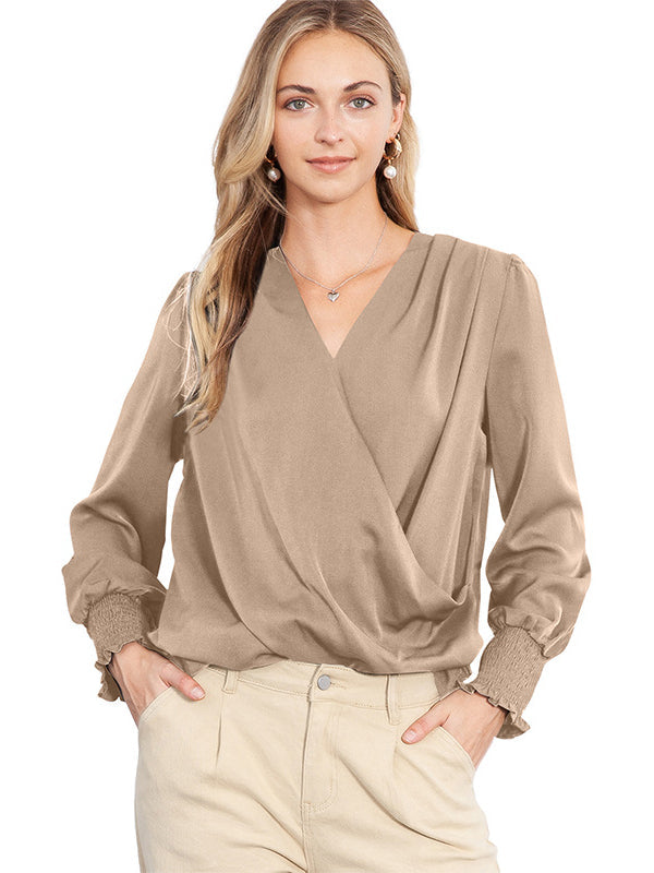 Solid Surplice Neck Shirred Cuffs Draped Blouse