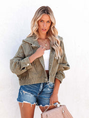 Distressed Hooded Washed Crop Denim Jacket