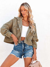 Distressed Hooded Washed Crop Denim Jacket