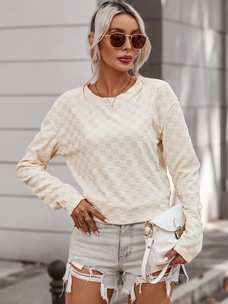 Women's Checkered Textured Crewneck Knit Pullover