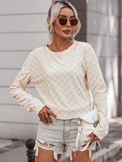 Women's Checkered Textured Crewneck Knit Pullover