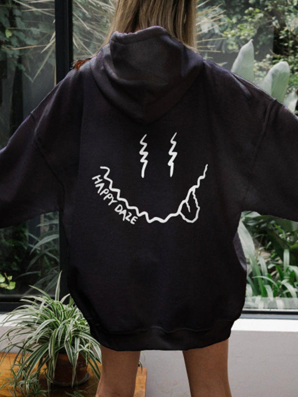 Ladies Happy Daze Happy Face Printed Trendy Long Sleeve Hoodie