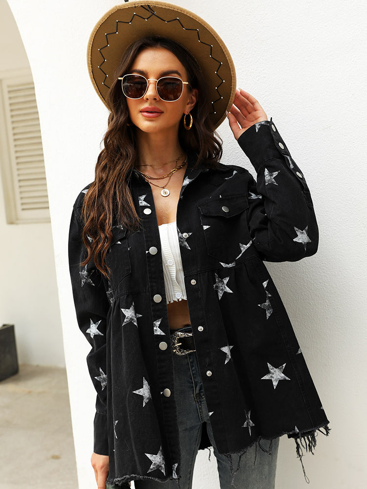 Women's Chic Star Printed Fringed Denim Jacket