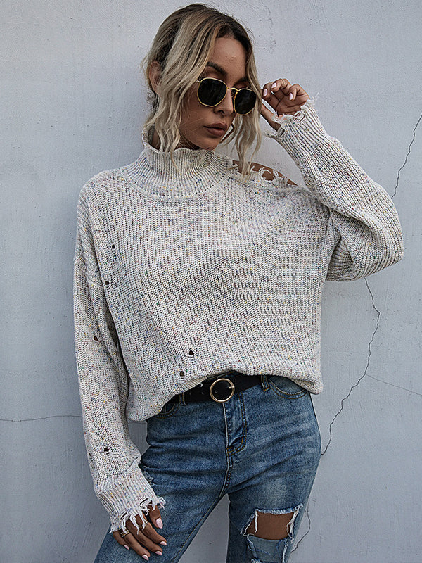 Distressed High Neck Raw Hem Long Sleeve Sweater