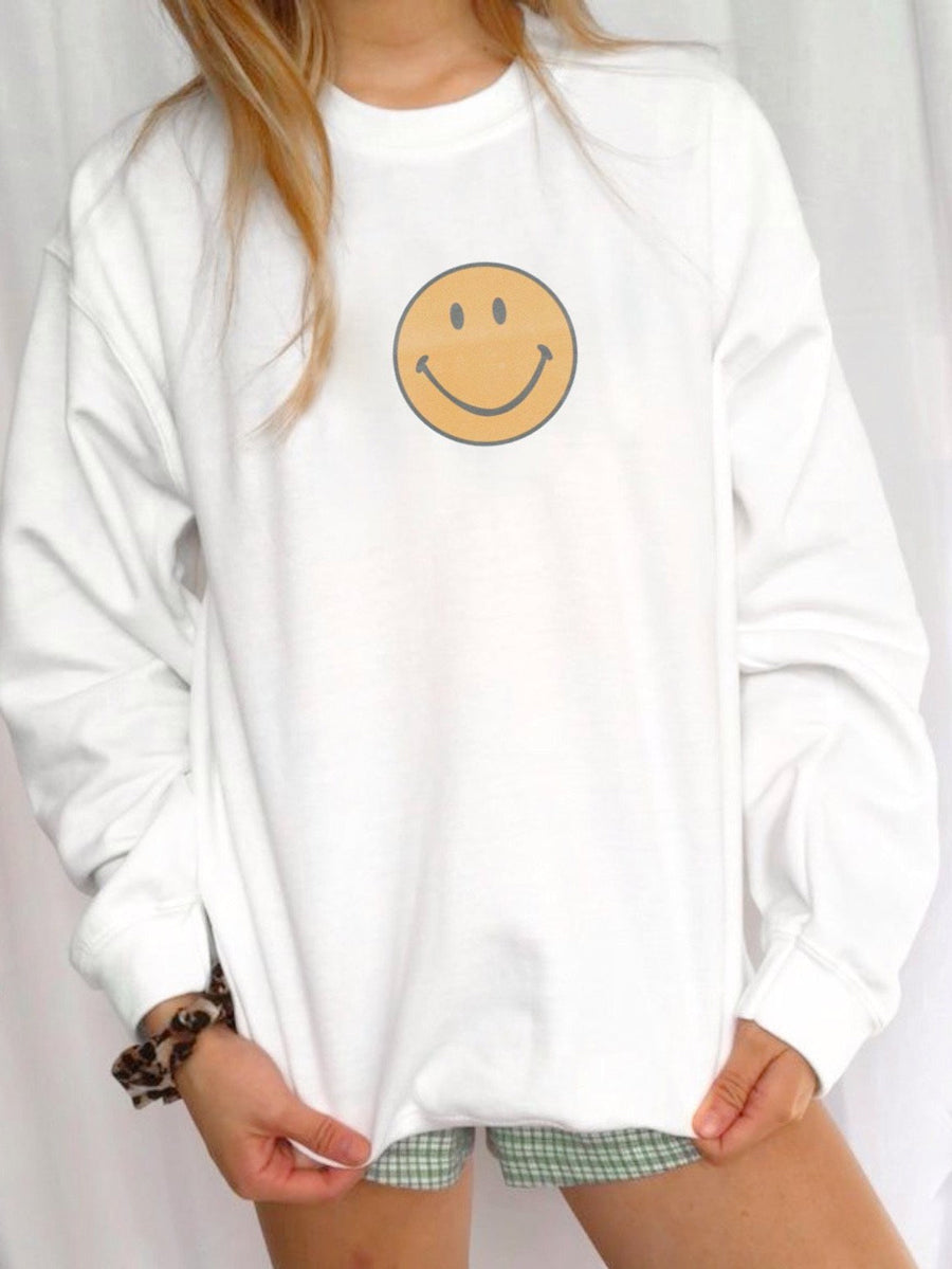 Women's Preppy Happy Smiley Face Crewneck Sweatshirt
