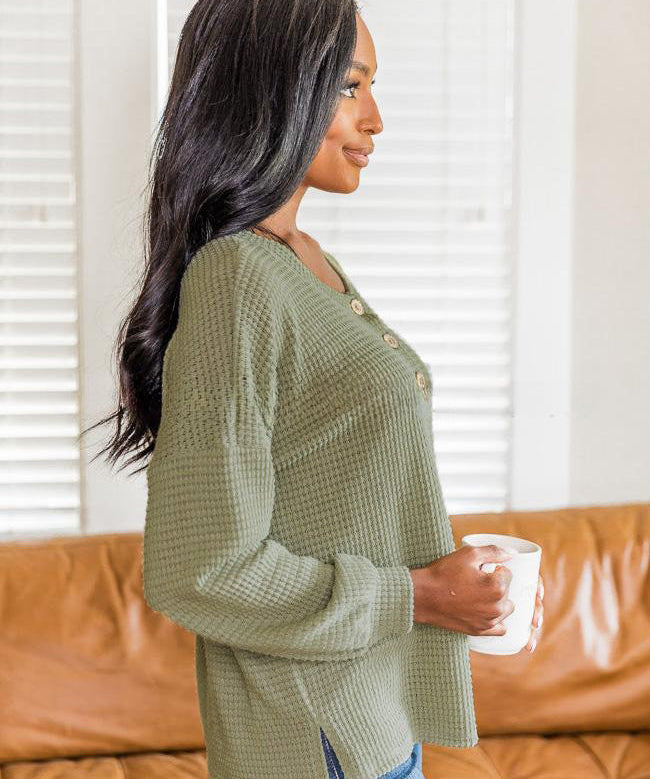Ladies Waffle Knit Henley Pullover