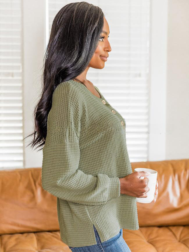 Ladies Waffle Knit Henley Pullover