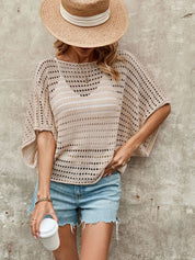 Solid Round Neck Eyelet Knit Cutout Sweater
