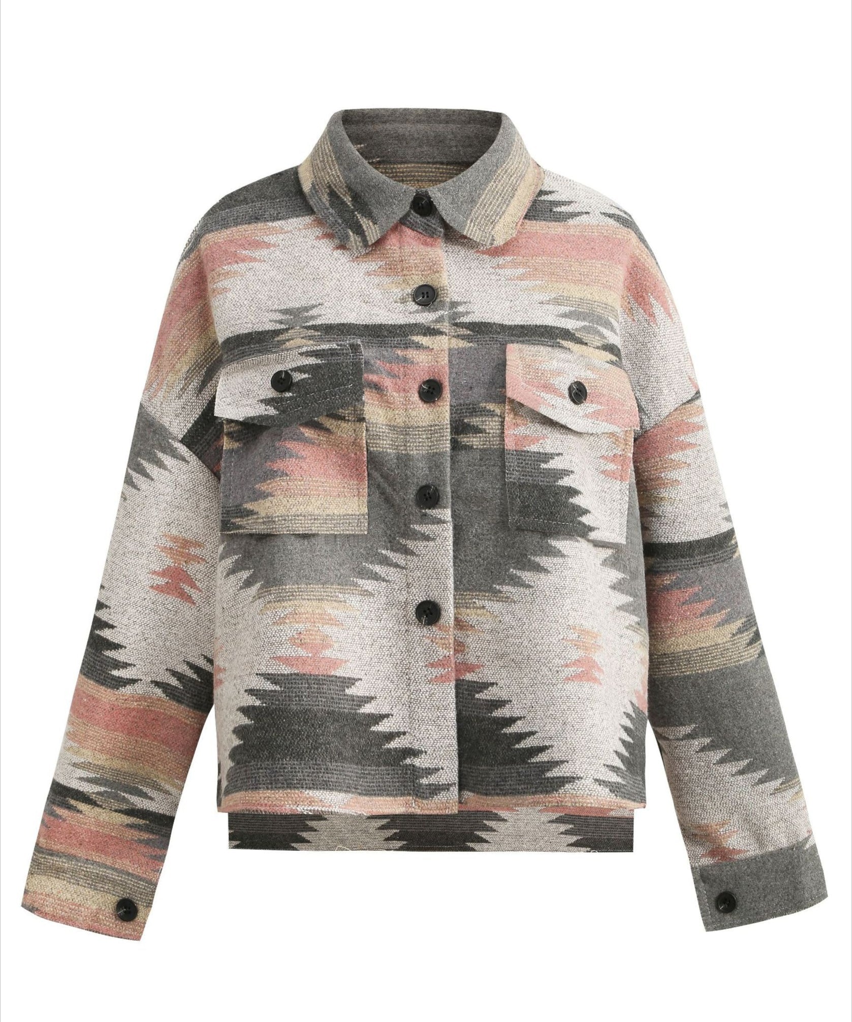 Retro Aztec Pattern Patch Pocket Button Down Shacket