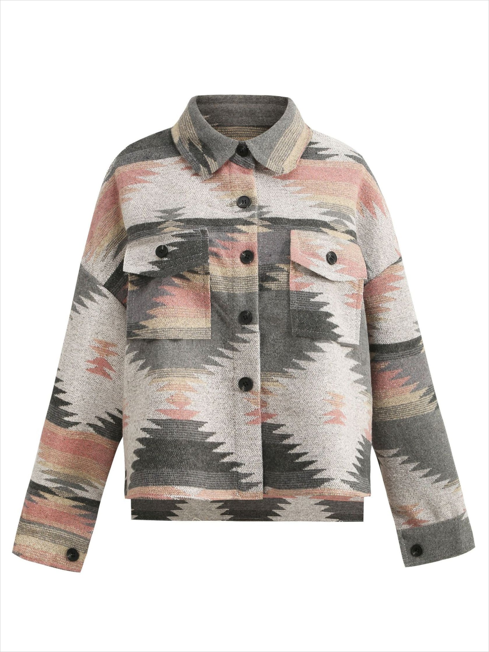 Retro Aztec Pattern Patch Pocket Button Down Shacket