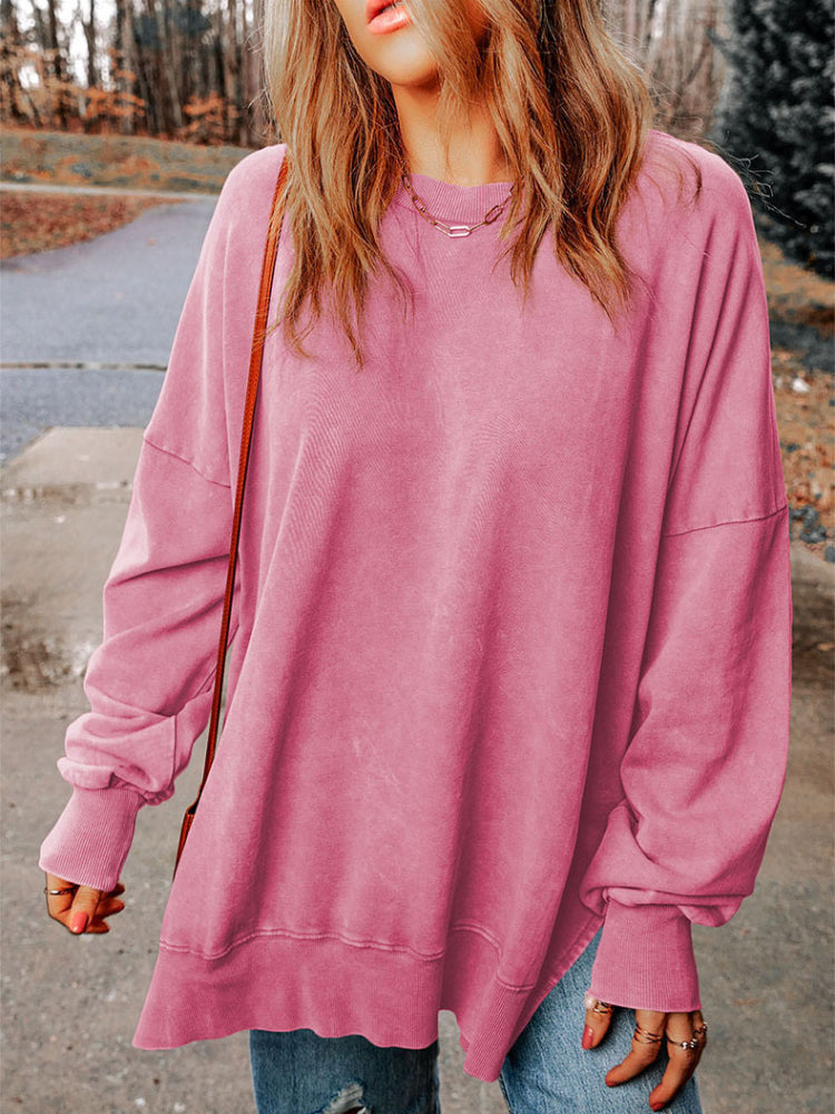 Women's Classic Solid Side Slit Crewneck Sweatshirt
