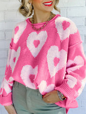 Chic Pearl Beaded Heart Drop Shoulder Sweater