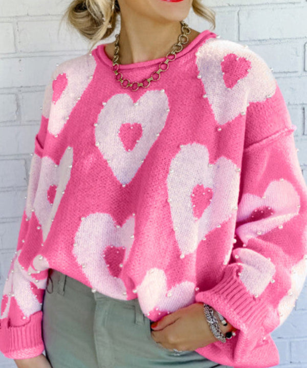 Chic Pearl Beaded Heart Drop Shoulder Sweater