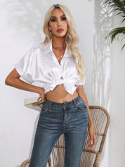 Lapel Collar Button Up Short Sleeve Poplin Shirt