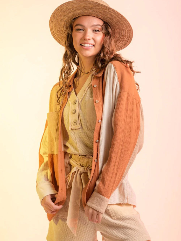 Chic Long Sleeve Color Blocked Button Down Shirt