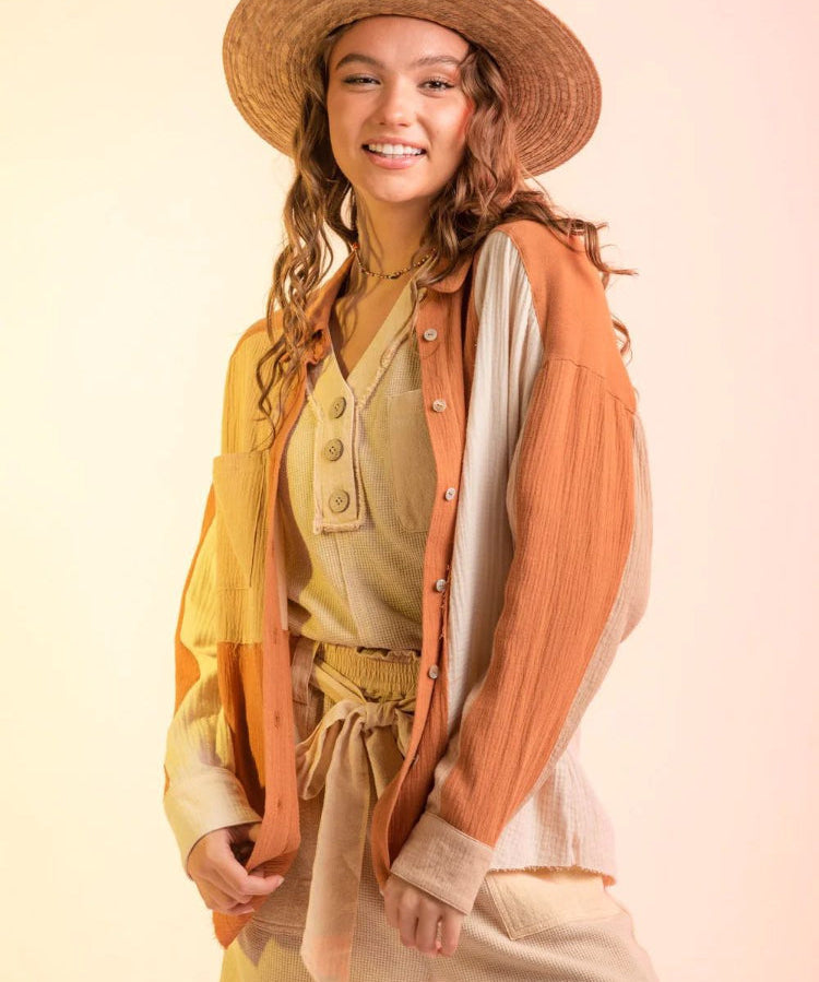 Chic Long Sleeve Color Blocked Button Down Shirt