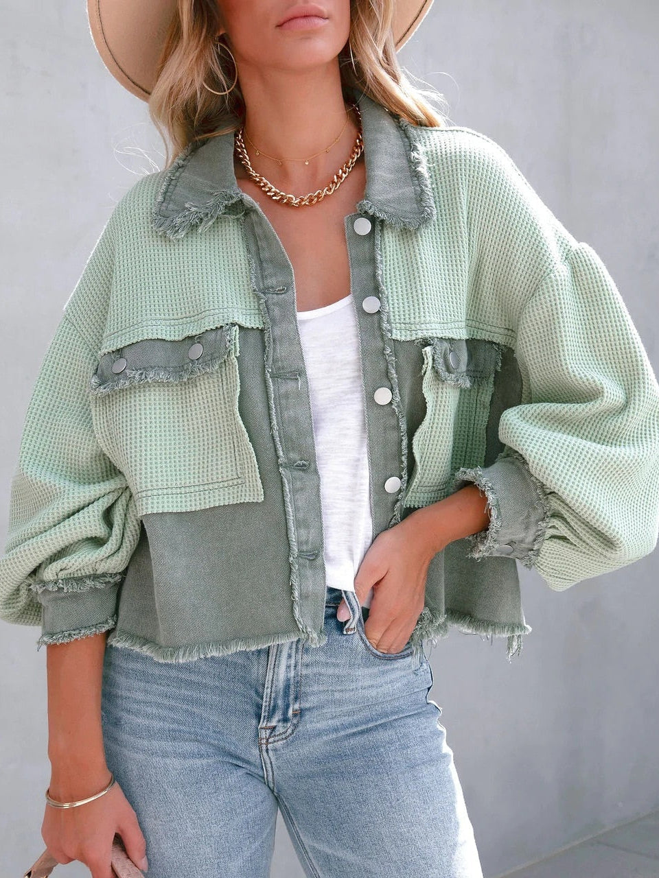 Ladies Vintage Western Waffle Cropped Raw Hem Jacket