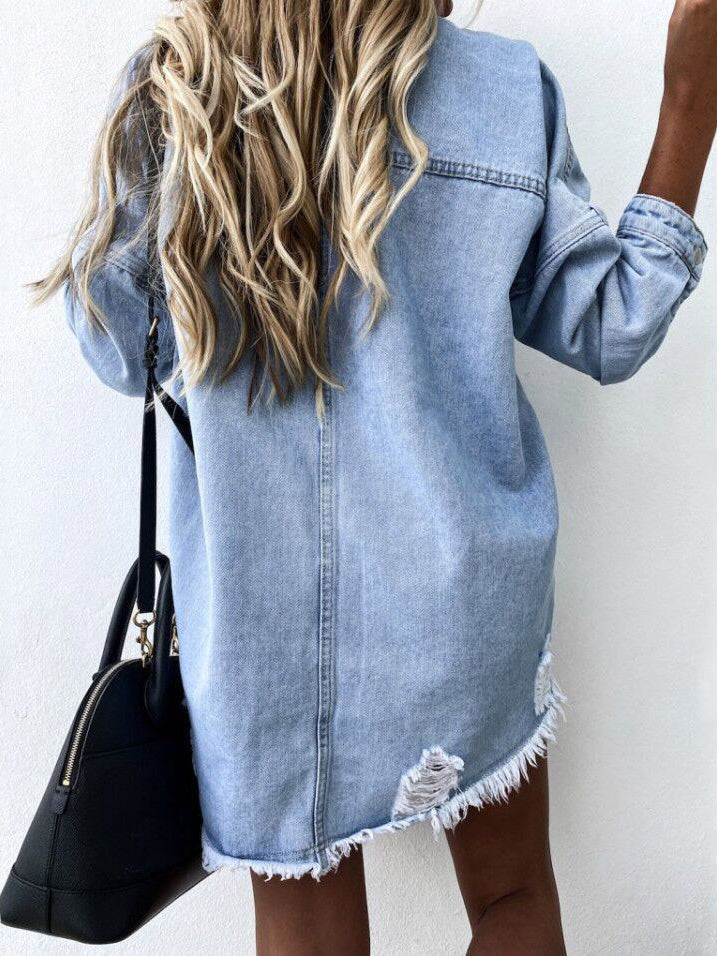 Distressed Raw Hem Collared Neck Long Sleeve Denim Jacket