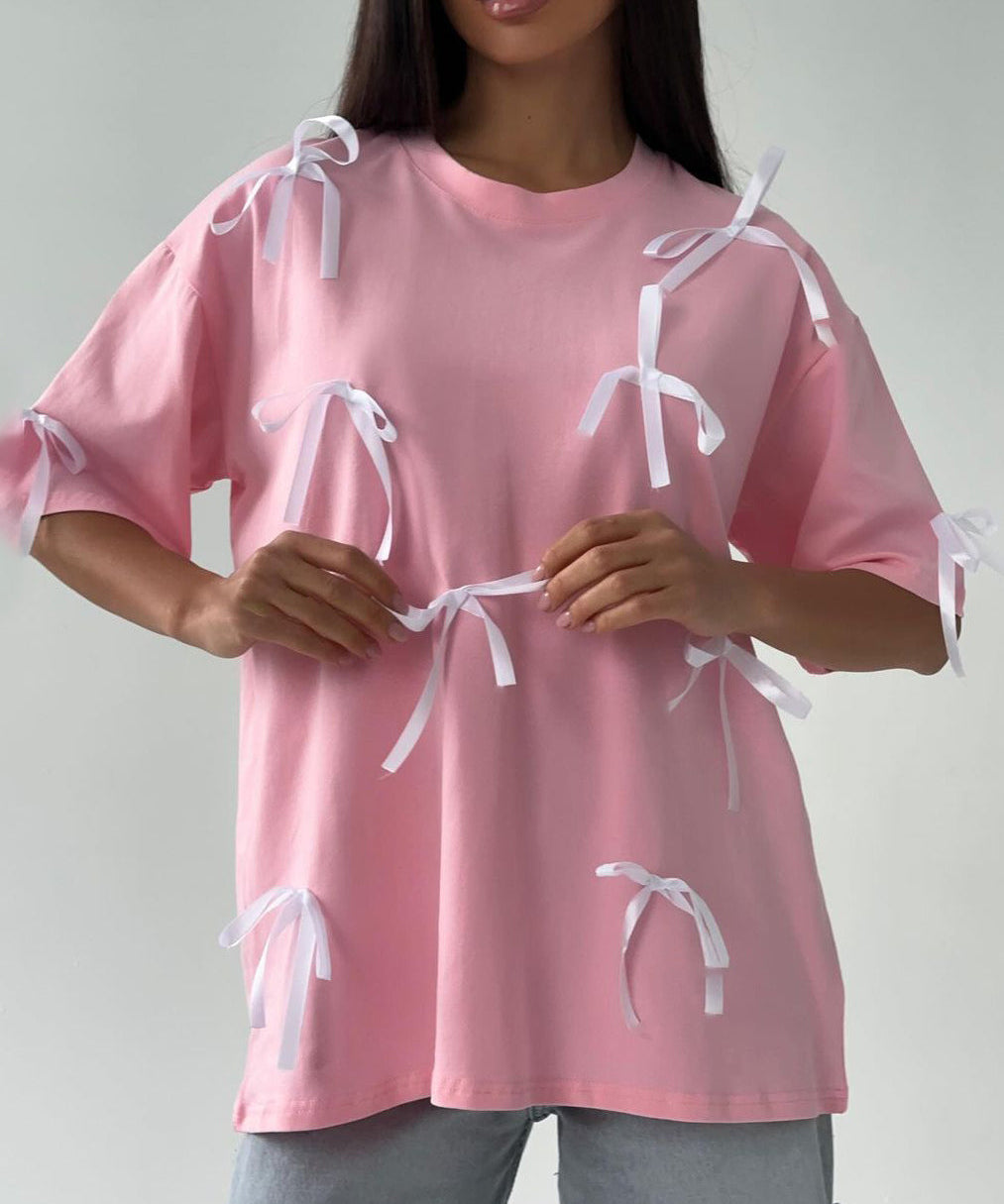 Women's Chic Ribbon Short Sleeve Baggy Shirt