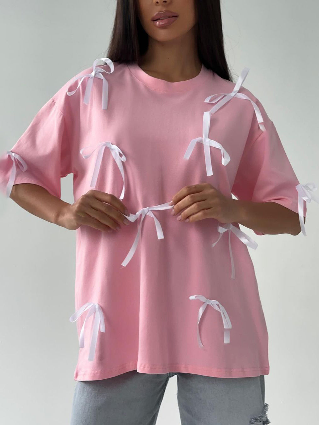 Women's Chic Ribbon Short Sleeve Baggy Shirt