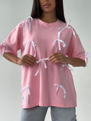 Women's Chic Ribbon Short Sleeve Baggy Shirt