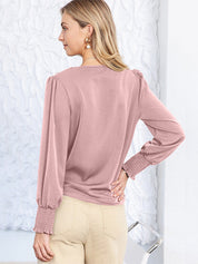 Solid Surplice Neck Shirred Cuffs Draped Blouse