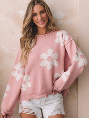 Chic Pearl Beaded Heart Drop Shoulder Sweater