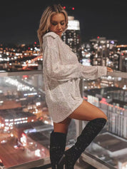 Sparkly Glitter Button-Up Lapel Blouse