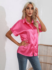 Lapel Collar Button Up Short Sleeve Poplin Shirt