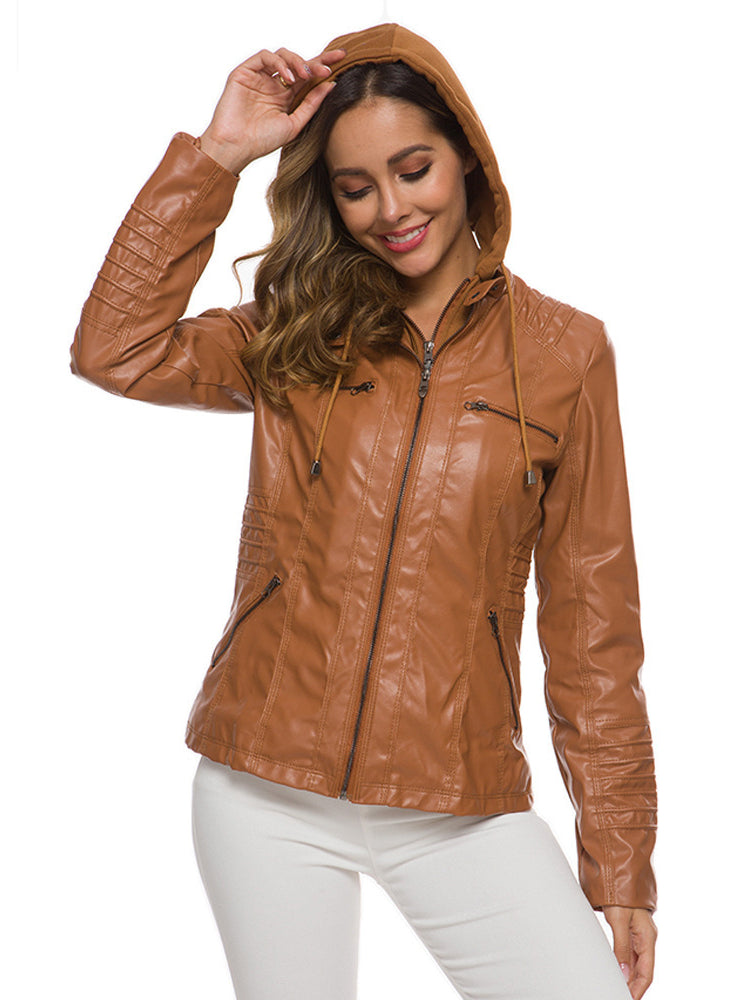 Women's Detachable Hooded Slim Fit Leather Bomber Jacket