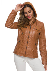 Women's Detachable Hooded Slim Fit Leather Bomber Jacket