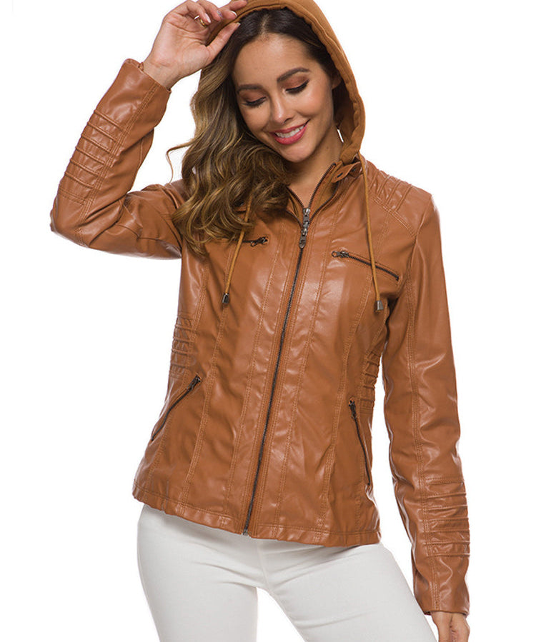 Women's Detachable Hooded Slim Fit Leather Bomber Jacket