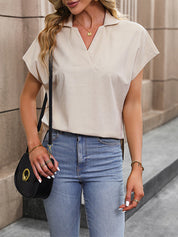 Women's Solid Short Sleeve Collared Blouse