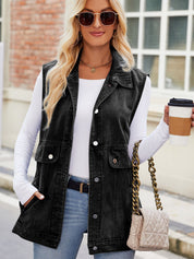 Women's Drawstring Sleeveless Hooded Denim Vest